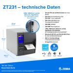 Zebra ZT231, 8 Punkte/mm (203dpi), Display, EPL, ZPL, ZPLII, USB, USB-Host, RS232, BT (BLE), Ethernet, ZT23142-T0E000FZ