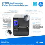Zebra ZT231, 8 Punkte/mm (203dpi), Display, EPL, ZPL, ZPLII, USB, USB-Host, RS232, BT (BLE), Ethernet, ZT23142-T0E000FZ