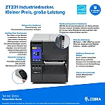 Zebra ZT231, 8 Punkte/mm (203dpi), Display, EPL, ZPL, ZPLII, USB, USB-Host, RS232, BT (BLE), Ethernet, ZT23142-T0E000FZ