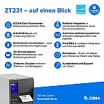 Zebra ZT231, 8 Punkte/mm (203dpi), Display, EPL, ZPL, ZPLII, USB, USB-Host, RS232, BT (BLE), Ethernet, ZT23142-T0E000FZ