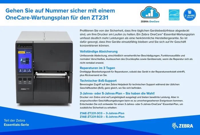 Zebra ZT231, 8 Punkte/mm (203dpi), Display, EPL, ZPL, ZPLII, USB, USB-Host, RS232, BT (BLE), Ethernet, ZT23142-T0E000FZ