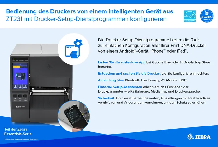 Zebra ZT231, 8 Punkte/mm (203dpi), Display, EPL, ZPL, ZPLII, USB, USB-Host, RS232, BT (BLE), Ethernet, ZT23142-T0E000FZ