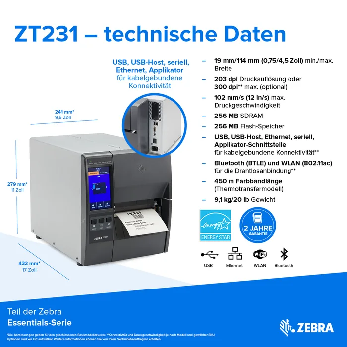 Zebra ZT231, 8 Punkte/mm (203dpi), Display, EPL, ZPL, ZPLII, USB, USB-Host, RS232, BT (BLE), Ethernet, ZT23142-T0E000FZ