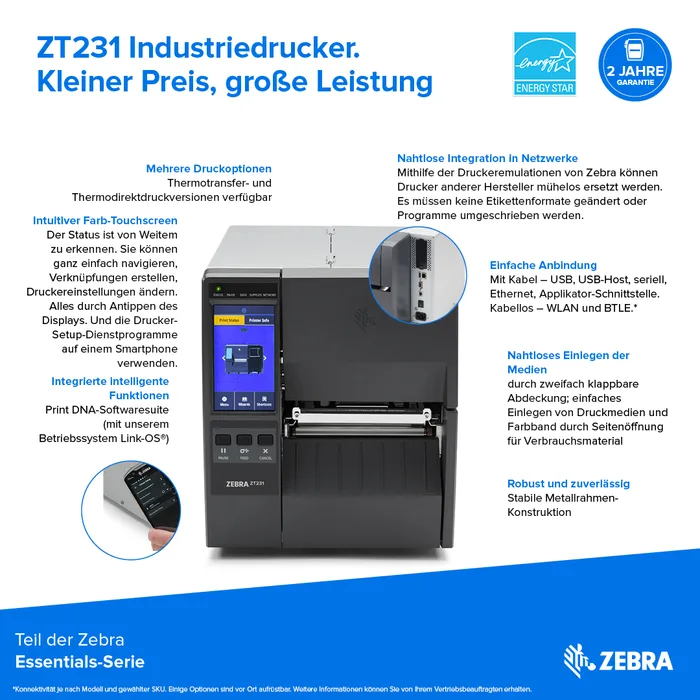 Zebra ZT231, 8 Punkte/mm (203dpi), Display, EPL, ZPL, ZPLII, USB, USB-Host, RS232, BT (BLE), Ethernet, ZT23142-T0E000FZ