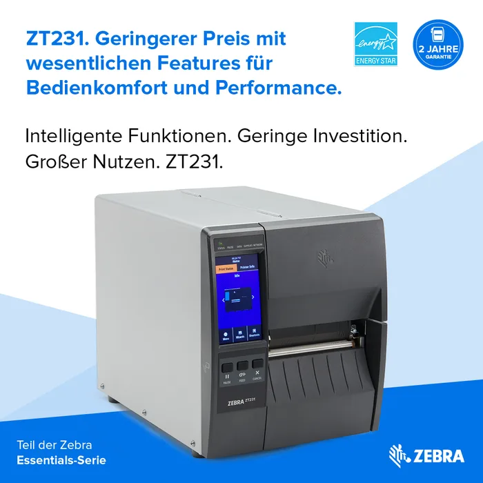 Zebra ZT231, 8 Punkte/mm (203dpi), Display, EPL, ZPL, ZPLII, USB, USB-Host, RS232, BT (BLE), Ethernet, ZT23142-T0E000FZ