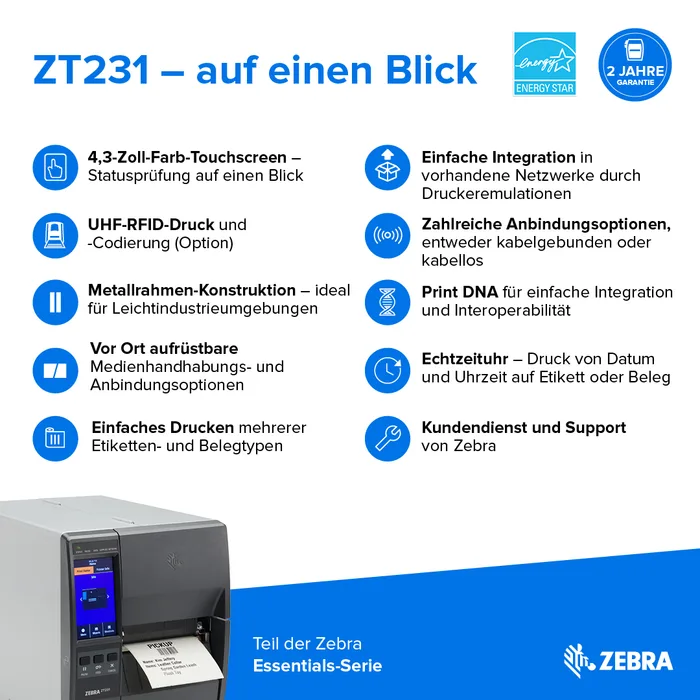 Zebra ZT231, 8 Punkte/mm (203dpi), Display, EPL, ZPL, ZPLII, USB, USB-Host, RS232, BT (BLE), Ethernet, ZT23142-T0E000FZ