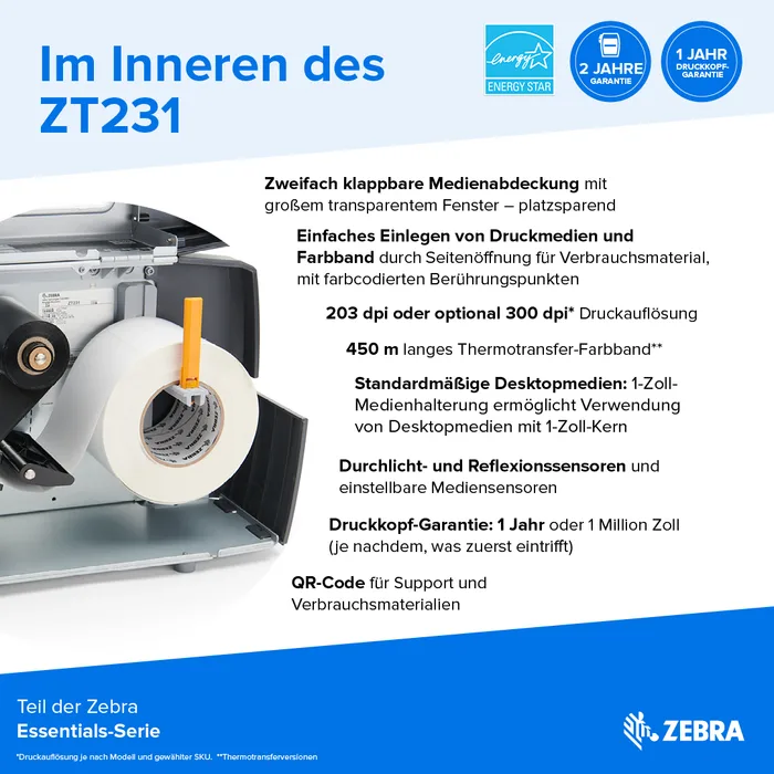 Zebra ZT231, 8 Punkte/mm (203dpi), Display, EPL, ZPL, ZPLII, USB, USB-Host, RS232, BT (BLE), Ethernet, ZT23142-T0E000FZ