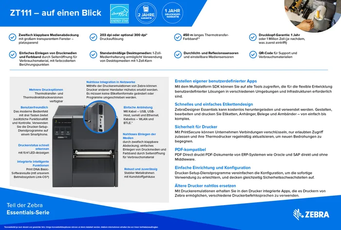 Zebra ZT111, 8 Punkte/mm (203dpi), EPL, EPLII, ZPL, ZPLII, USB, USB-Host, RS232, BT (BLE), Ethernet, ZT11142-D0E000FZ