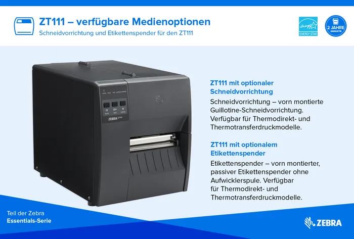 Zebra ZT111, 8 Punkte/mm (203dpi), EPL, EPLII, ZPL, ZPLII, USB, USB-Host, RS232, BT (BLE), Ethernet, ZT11142-D0E000FZ