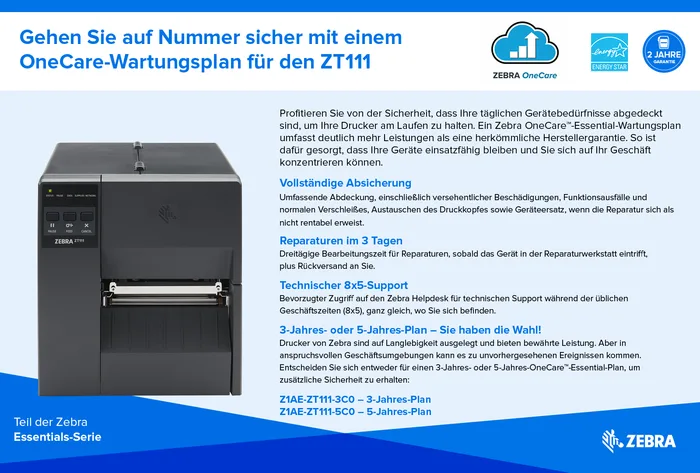 Zebra ZT111, 8 Punkte/mm (203dpi), EPL, EPLII, ZPL, ZPLII, USB, USB-Host, RS232, BT (BLE), Ethernet, ZT11142-D0E000FZ
