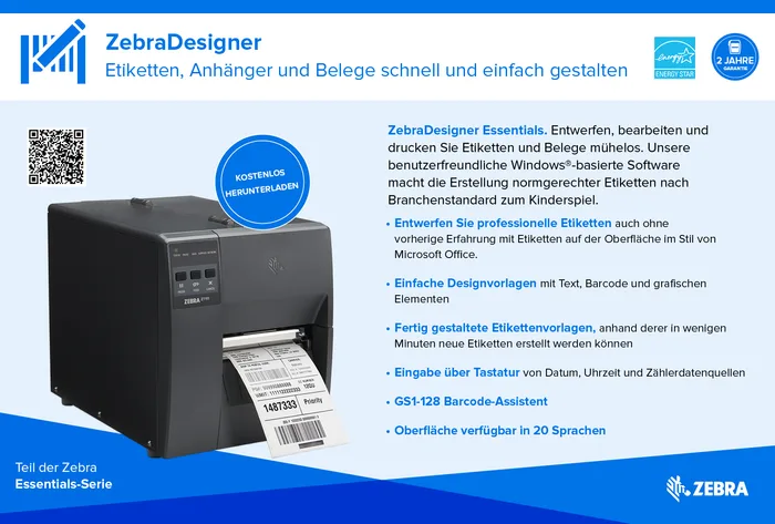 Zebra ZT111, 8 Punkte/mm (203dpi), EPL, EPLII, ZPL, ZPLII, USB, USB-Host, RS232, BT (BLE), Ethernet, ZT11142-D0E000FZ