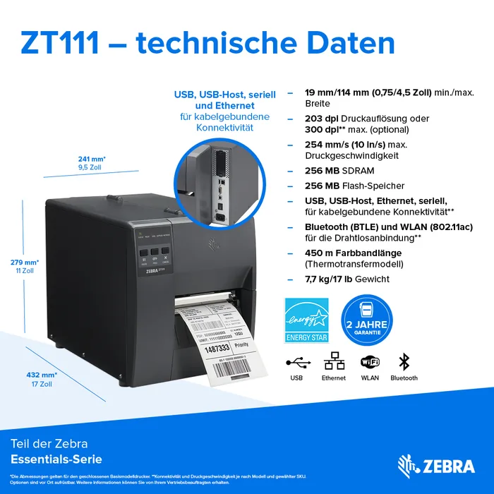Zebra ZT111, 8 Punkte/mm (203dpi), EPL, EPLII, ZPL, ZPLII, USB, USB-Host, RS232, BT (BLE), Ethernet, ZT11142-D0E000FZ