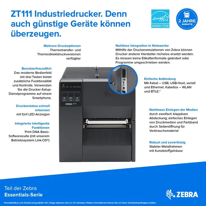 Zebra ZT111, 8 Punkte/mm (203dpi), EPL, EPLII, ZPL, ZPLII, USB, USB-Host, RS232, BT (BLE), Ethernet, ZT11142-D0E000FZ
