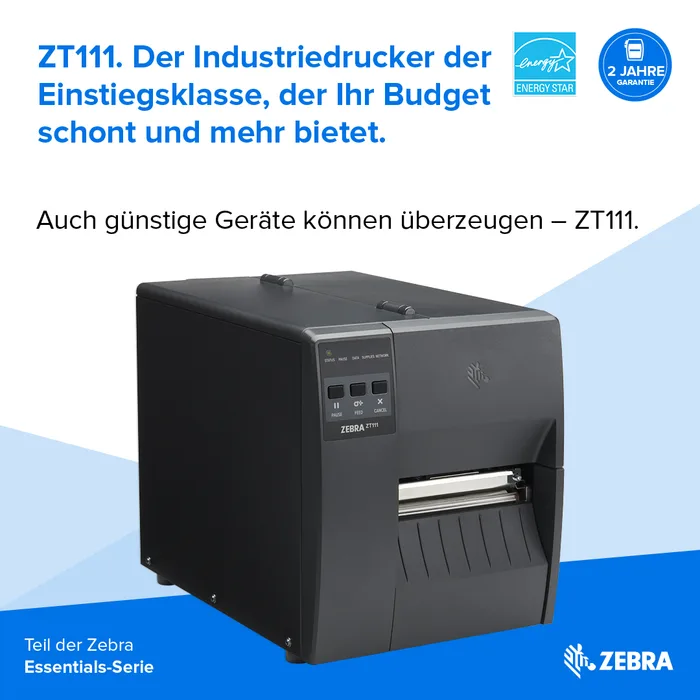 Zebra ZT111, 8 Punkte/mm (203dpi), EPL, EPLII, ZPL, ZPLII, USB, USB-Host, RS232, BT (BLE), Ethernet, ZT11142-D0E000FZ