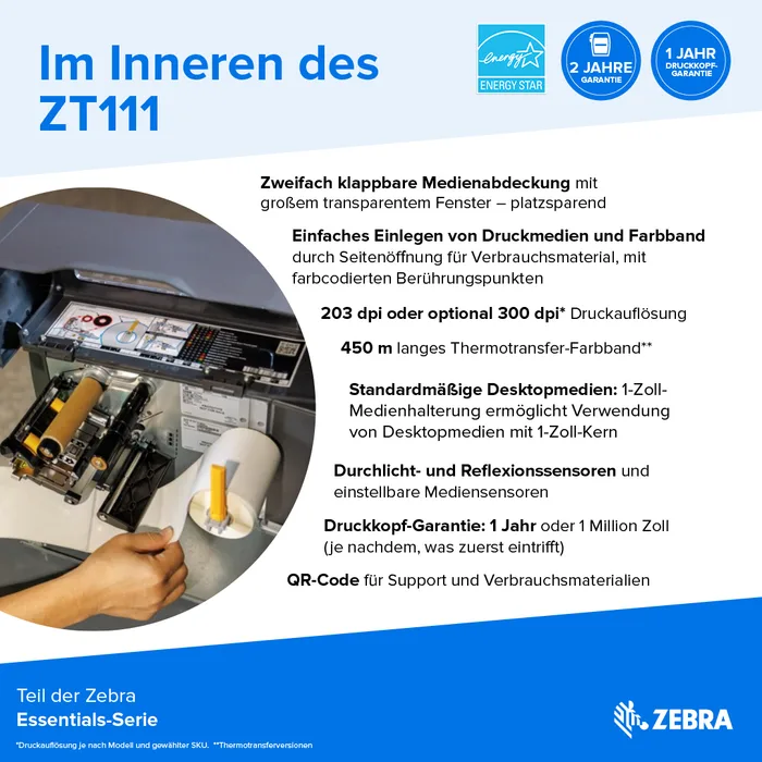 Zebra ZT111, 8 Punkte/mm (203dpi), EPL, EPLII, ZPL, ZPLII, USB, USB-Host, RS232, BT (BLE), Ethernet, ZT11142-D0E000FZ